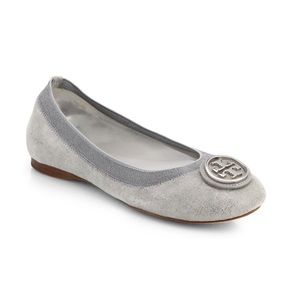 Tory Burch Caroline 2 Metallic Gray Suede Flats